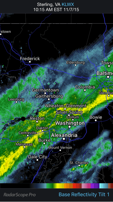 capitalweather's tweet photo. Steady rain streaking into DC area. Rather damp next few hours. https://t.co/nRoi9m2okF