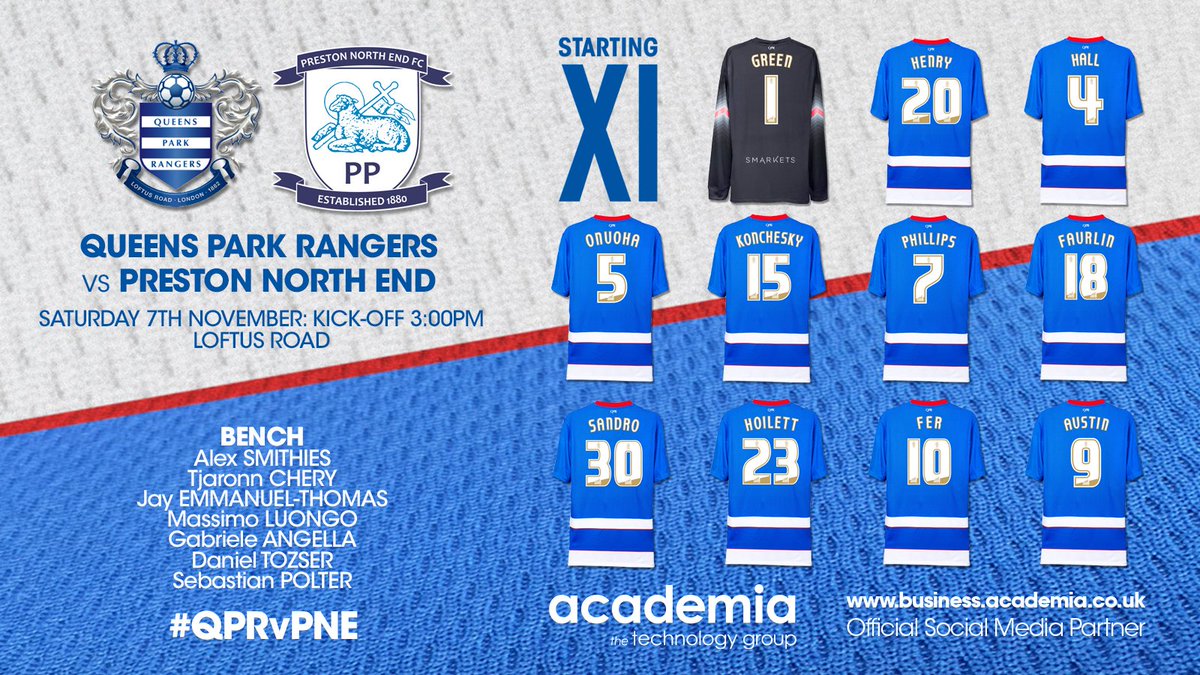 QPR's tweet photo. TEAM NEWS: Here's how #QPR line-up against @pnefc at Loftus Road. What do you make of today's team? #QPRvPNE https://t.co/gOcUPfTbHs