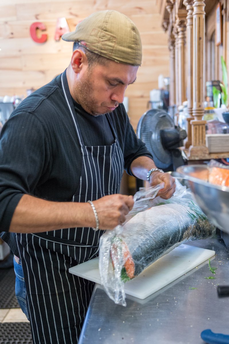 cafeubsf's tweet photo. Al preparing his house-cured gravlax | Email info@cafeubsf.com to order some for the Holidays! (need 1 week notice) https://t.co/D3Ltyzn4l1