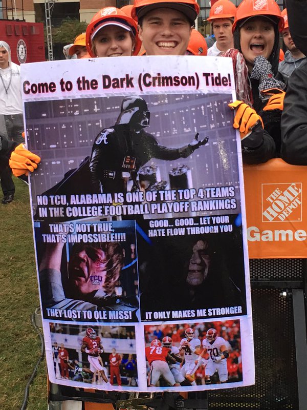 SBNation's tweet photo. There are 5 THINGS WRONG with this Bama fan's "Star Wars" sign (via @CollegeGameDay): https://t.co/fV8LvQYyaE https://t.co/uUYXFNq9mY