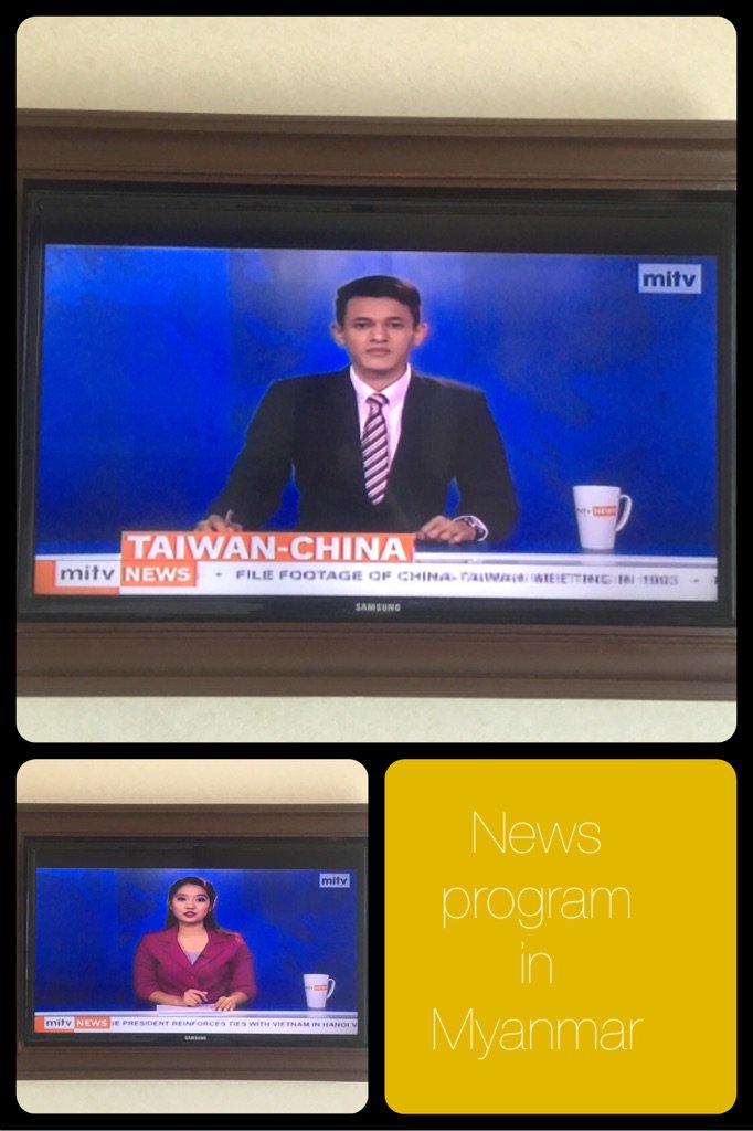 ミャンマーのニュース番組: 演出の小道具が自社マグカップ