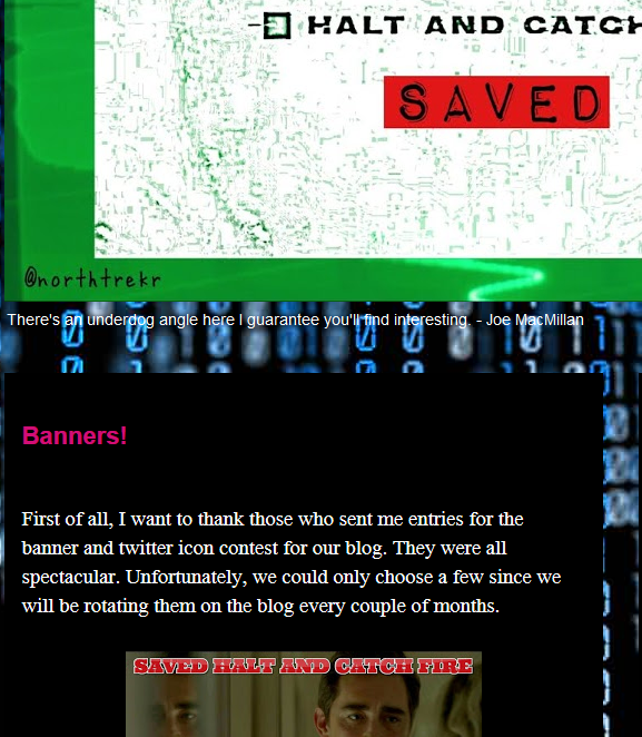 BaileyXRenee89's tweet photo. New blog: BANNERS! https://t.co/NvNaif1eww #haltandcatchfire #savehcf #banners #artists #thankyou #seasonthree https://t.co/hu2emjpiPZ