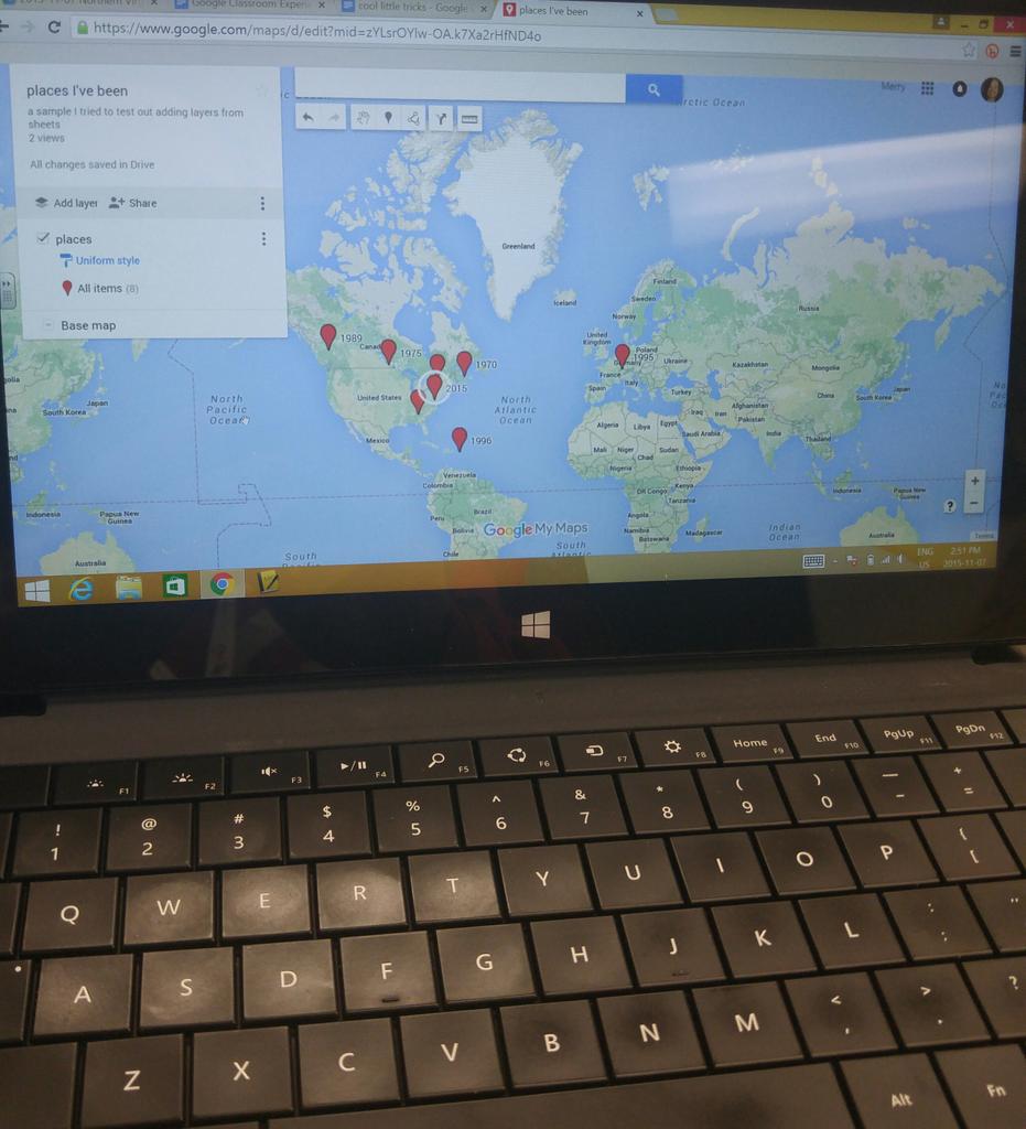 FranzMerry's tweet photo. How cool! I can insert data onto a google map from sheets! #gafesummit #LotsOfUses #CantWaitToUseIt https://t.co/jTCkyB91Qx