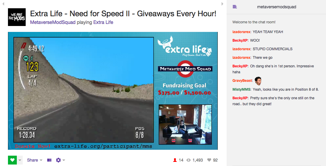 modsquad's tweet photo. Rockin’ racetracks on #NeedForSpeedII for our 24hr #ExtraLife marathon. Check us out: https://t.co/V1bfckxJC2 [Iz] https://t.co/XO8CaUeVUY