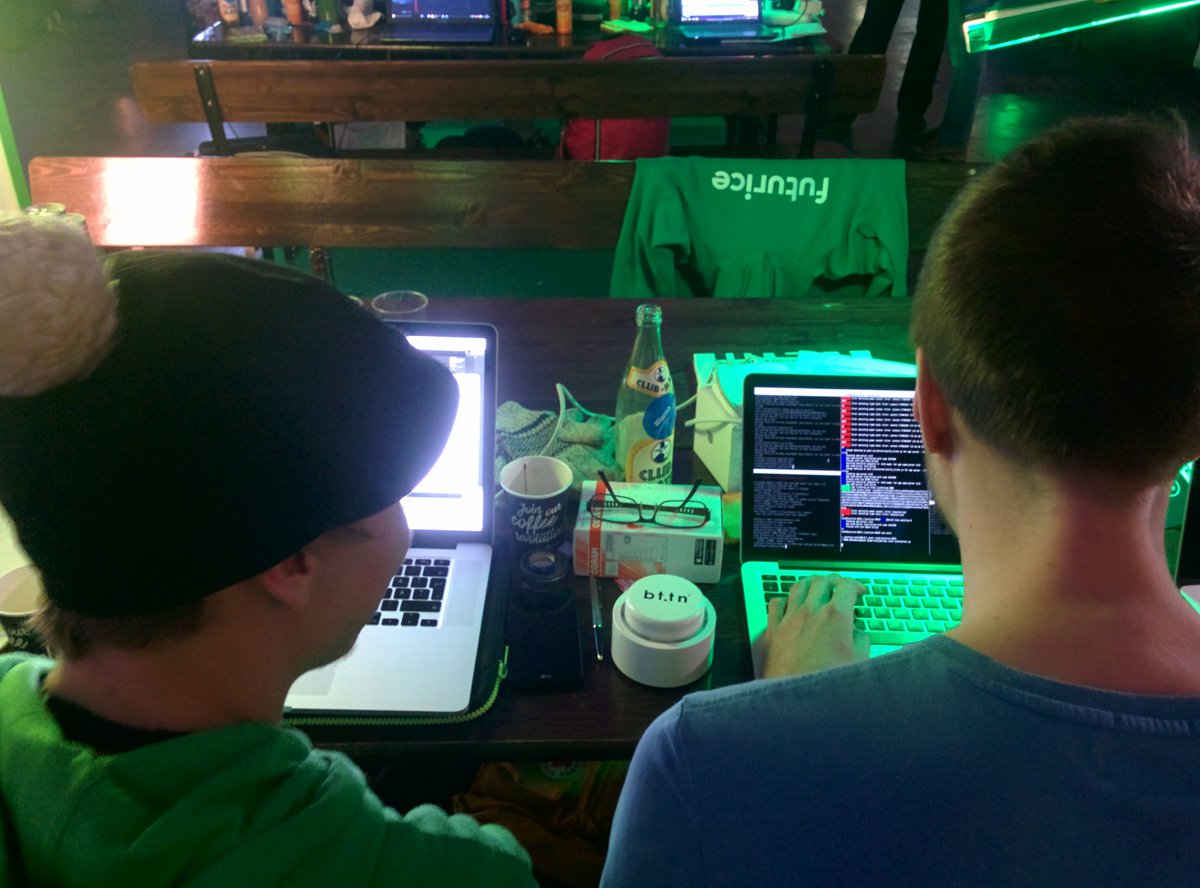 futulabs's tweet photo. Turning off a light by routing a button press through several computers... success! #Junction2015 https://t.co/TAJmUAAhti