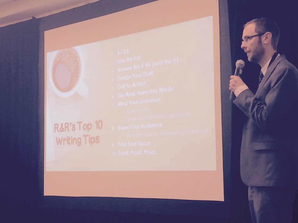 SJo_94's tweet photo. "R&amp;R" aka @ryanmcshane and @Culpwrit killing their @PRSSANational presentation on writing skills. #PRSSANC ☕️✏️📖 https://t.co/0EGYWiAiaQ