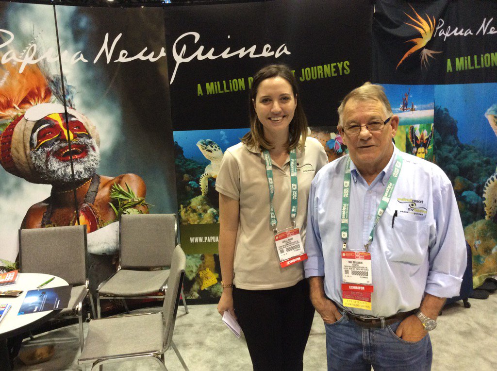 XRAY_Magazine's tweet photo. Max Benjamin and Joelle Raabe at the PNG stand at #Demashow @febrinapng @WalindiResort https://t.co/1ejDCZF74J