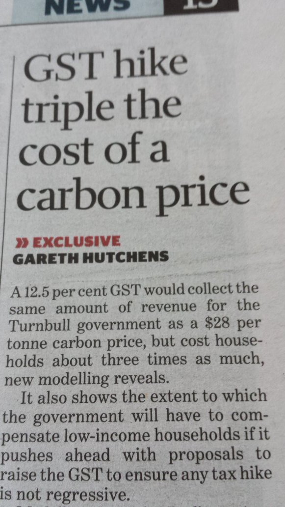 mickdundee48's tweet photo. It would be fairer to bring back a price on carbon than raise the GST, and would cut pollution as well. @smh #auspol https://t.co/V0zgizxSXw