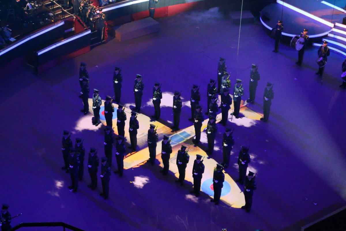 PoppyLegion's tweet photo. During Tony's video RAF personnel form the outline of a Hurricane on the floor of the Hall #FestivalofRemembrance. https://t.co/EM9ryGoYH7