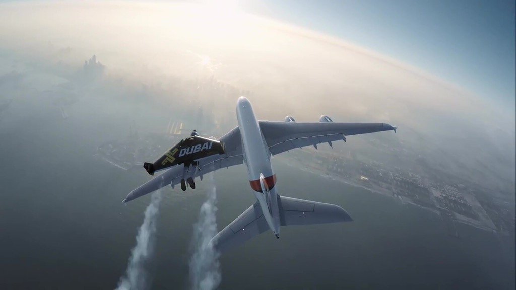 boldtrip's tweet photo. Daredevils Yves Rossy (aka Jetman) and protege Vince Reffet fly alongside an A380 superjumbo https://t.co/Gxh7Xrk7P4 https://t.co/jmKKWHb7as