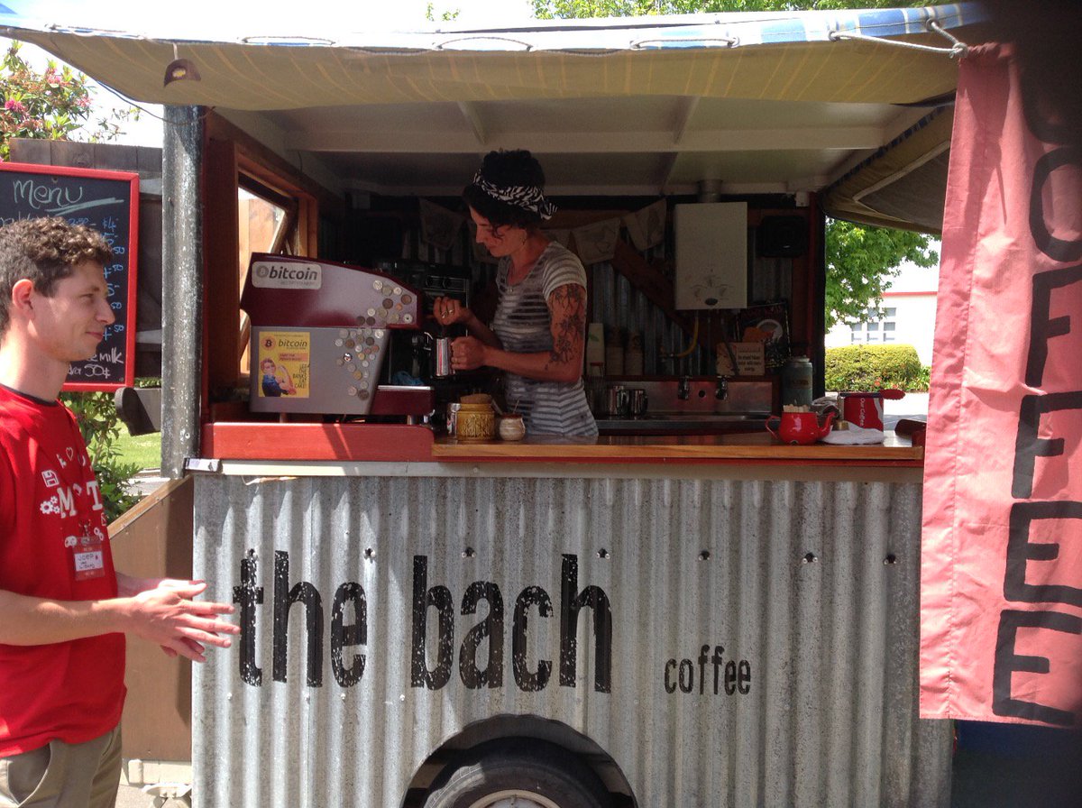 RailsGirlsMot's tweet photo. Selina of 'the bach' coffee cart helping to keep the #railsgirlsmot crew hydrated &amp; brains caffeinated for RoR day 2 https://t.co/282FfbabsV
