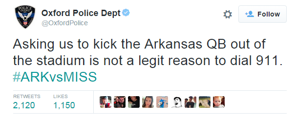 espn's tweet photo. The @OxfordPolice have a (tongue-in-cheek) message to Ole Miss fans uneasy about the Rebels' current game. https://t.co/MzndwodyuO