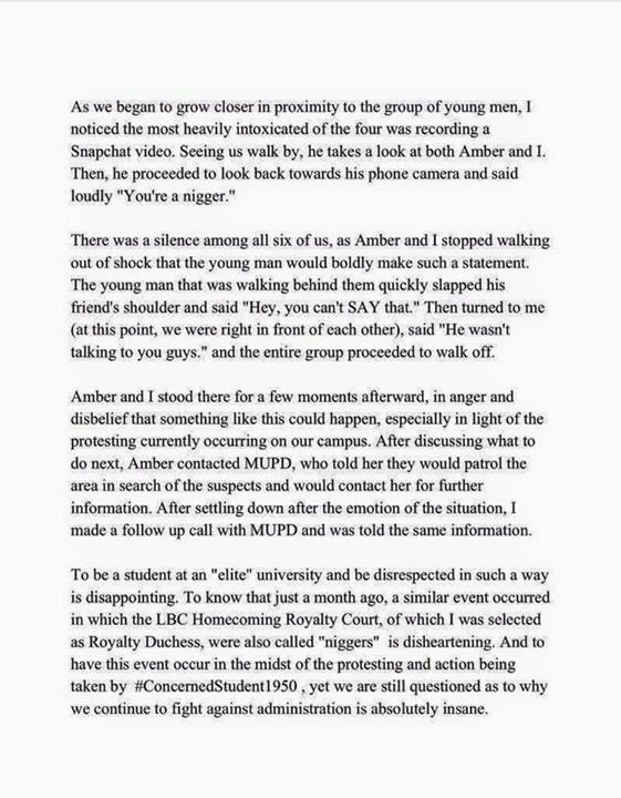 MizzouLBC's tweet photo. And yet it happens again. Racism lives here, so do we. We won't stop until there's change. #ConcernedStudent1950 https://t.co/t4qYpGa64C