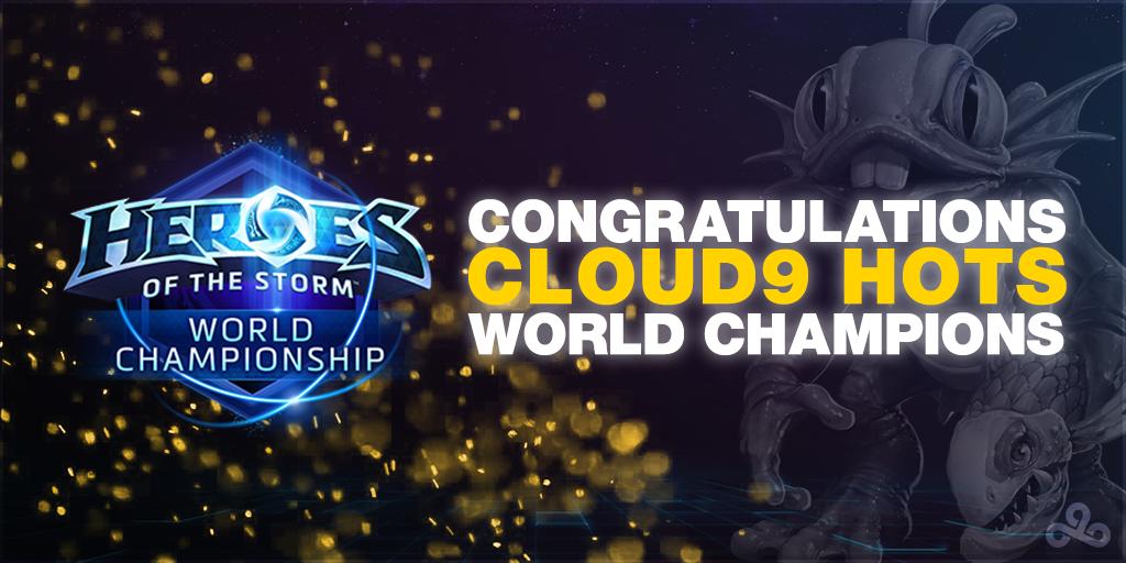 Cloud9's tweet image. And #C9HOTS take the #HeroesWC Grand Finals 3-0 over @TeamDignitas! They are the #BlizzCon2015 Champions! #GGWP