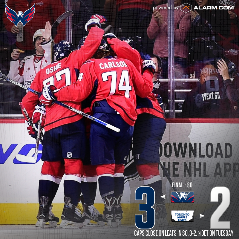 Capitals's tweet photo. FINAL SCORE powered by @Alarmdotcom : #Caps 3, Leafs  (SO) . Next Game Tuesday @ DET, 7:30 https://t.co/zbnjr9aQUl