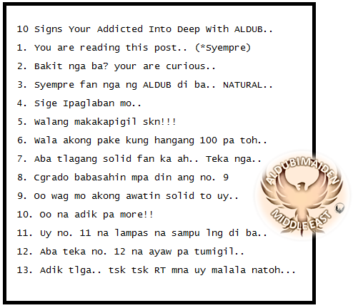 jedaldub18's tweet photo. THIS 10 SIGNS PROVES THAT YOU ARE TOO ADDICTED WITH ALDUB..
BASA AT NG MAGOODVIBES KA NMN..

#SPSCelebrateSaya https://t.co/AfTagNqddA