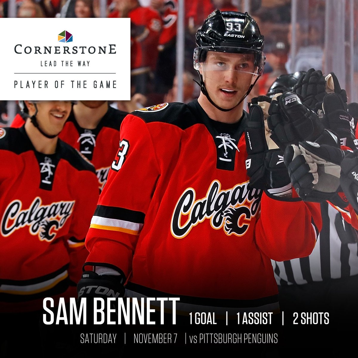NHLFlames's tweet photo. With the game-winning goal and an assist, tonight's @Cornerstone_YYC Player of the Game is @SBennett93! #PITvsCGY https://t.co/n5hulOnykg