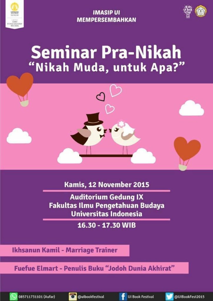 UIBookFestival's tweet photo. Hai!Buat km yg ingin nikah muda pasca lulus kuliah maupun yg msh galau mau nikah muda apa gk,cocok bgt dtg ke acara: https://t.co/Hgk43NyX3z