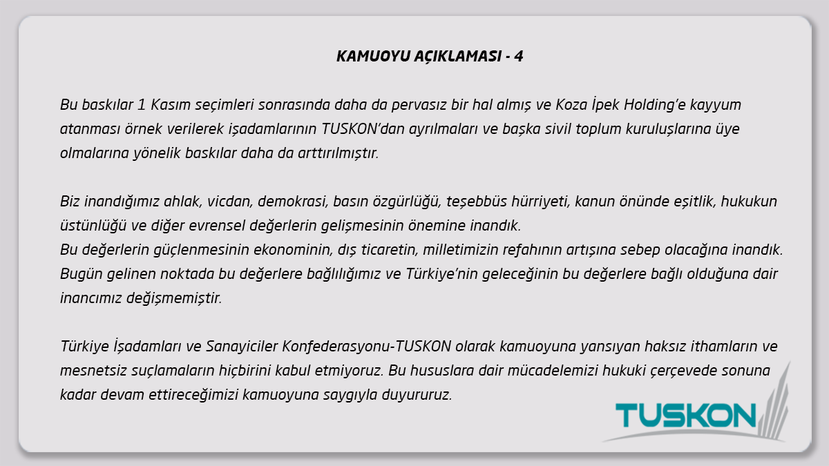 Tuskon's tweet photo. 4 - TUSKON olarak kamuoyuna yansıyan haksız ithamların ve mesnetsiz suçlamaların hiçbirini kabul etmiyoruz. https://t.co/3OKl0amsnB