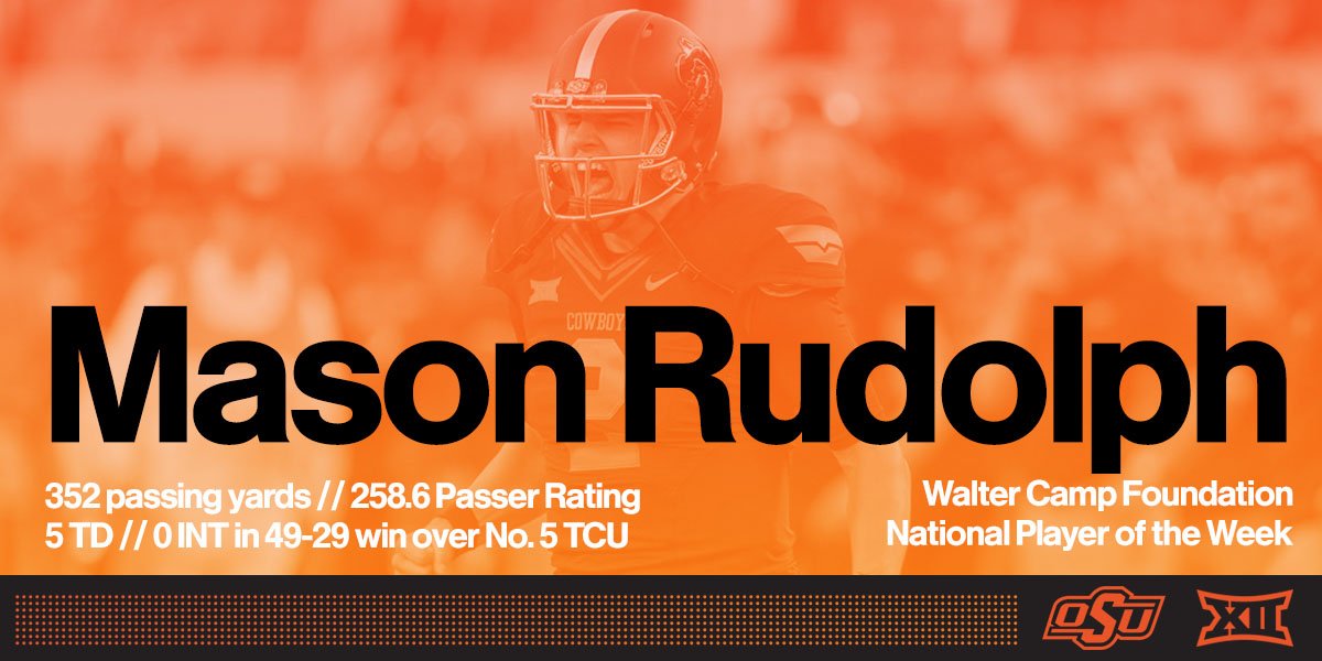 CowboyFB's tweet photo. With 5 pass TD and 0 INT in win over No. 5 TCU, #okstate's Mason Rudolph is Walter Camp National Player of the Week https://t.co/MvxNjcORL5