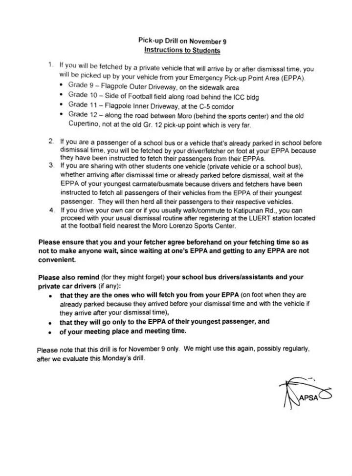 AHSSanggu's tweet photo. Reminders for the pick-up drill tomorrow. Please be advised. Thank you.

Pls. RT https://t.co/qYIgTi9jjR