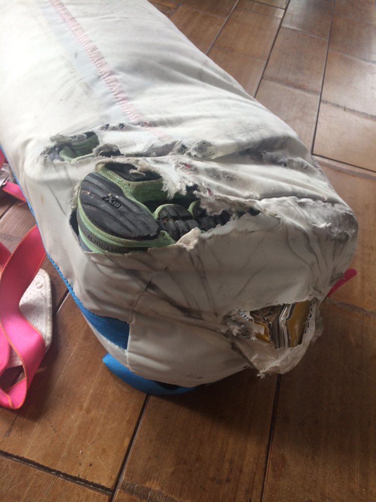 missandreaprice's tweet photo. 9 days after flying bag is returned. Looks run over. No help from @flybe. Thanks @SchipolAirport jumping in. https://t.co/p4JNNgVSF2