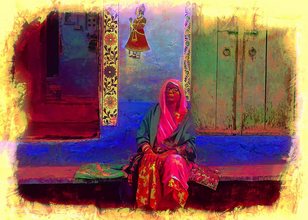 Travel with me! #Blue #House #Pink Lady on goo.gl/U9bdI0 #WallArt #India #Rajasthan #BlueCity #BlueHouses
