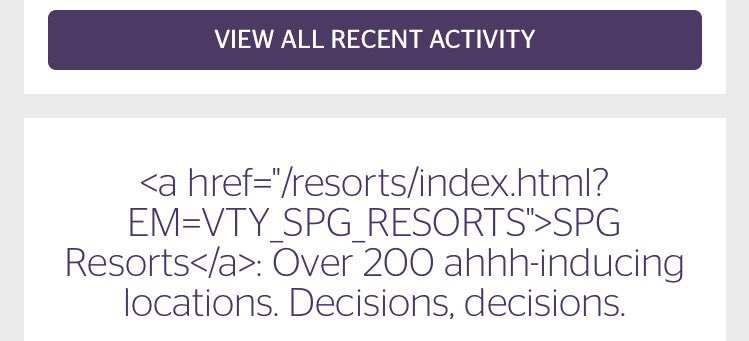 milexplorer's tweet photo. @spgassist under My Account tab in the SPG iPhone app I'm seeing the following html piece of code, please hide it. https://t.co/EREGeem4Cv