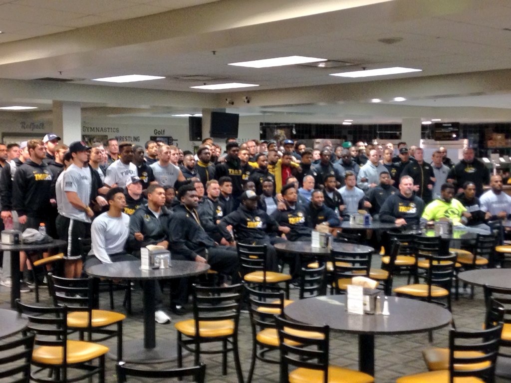 Big_Reub's tweet photo. It's beautiful to witness @MizzouFootball STAND UNITED. These men know it's >  the sport  #ConcernedStudent1950 https://t.co/jS87DKv46a