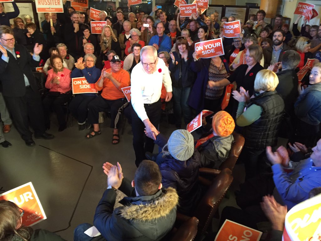 TRobertst's tweet photo. Leader makes his appearance to thunderous applause. @NLNDP #nlvotes https://t.co/shdfY323b0