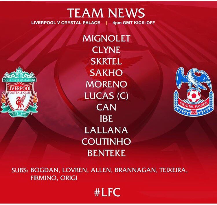 hardestcats's tweet photo. Starting line-up &amp; substitutes #LFC #MatchDay #YNWA https://t.co/p7GVmCYW5l