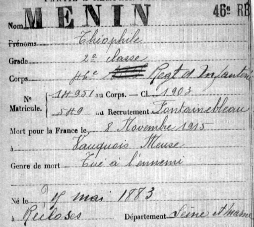 PoloS111's tweet photo. #1J1P 8 nov 1915 : MENIN Théophile de #Recloses #SeinetMarne sdt 2e cl au 46e RI #MPLF à #Vauquois #Meuse https://t.co/lWZlesGIhx