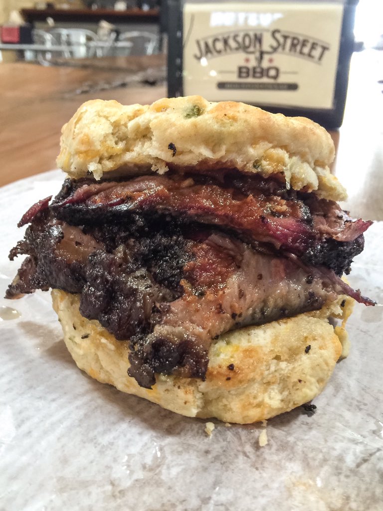 TheSmokingHo's tweet photo. Got the burnt ends on a jalapeño cheddar biscuit and the Texas Trinity to start the day off with @JacksonStBBQ. https://t.co/Pbr707fERb