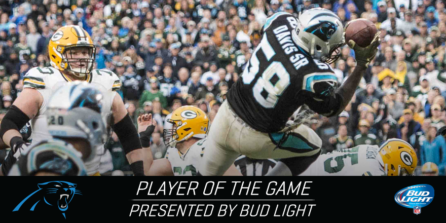 Panthers's tweet photo. 6 tackles
1 sack
1 interception
1 pass breakup 

@ThomasDavisSDTM was EVERYWHERE vs. Green Bay! #GBvsCAR https://t.co/HRxH4ucZgT