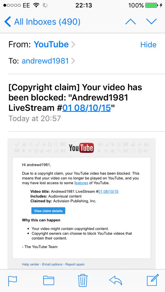 andrewd1981_'s tweet photo. @ATVIAssist was broadcasting Blops3 via PS4 which auto uploaded to my channel and its been blocked, why is this? https://t.co/QuMbzWH8aC