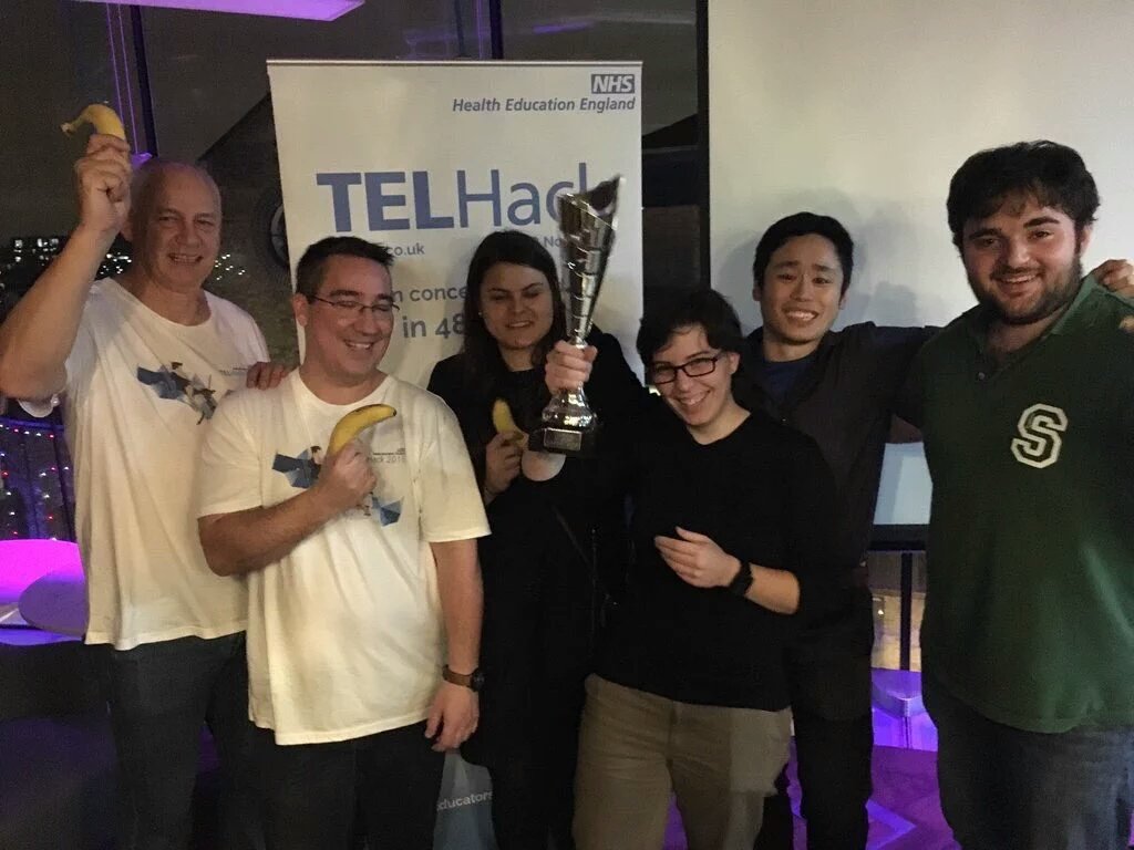NHSTELHack's tweet image. Congrats to the winners of #TELHack! Their 'Top banana' idea for scoring suture technique wowed the panel!