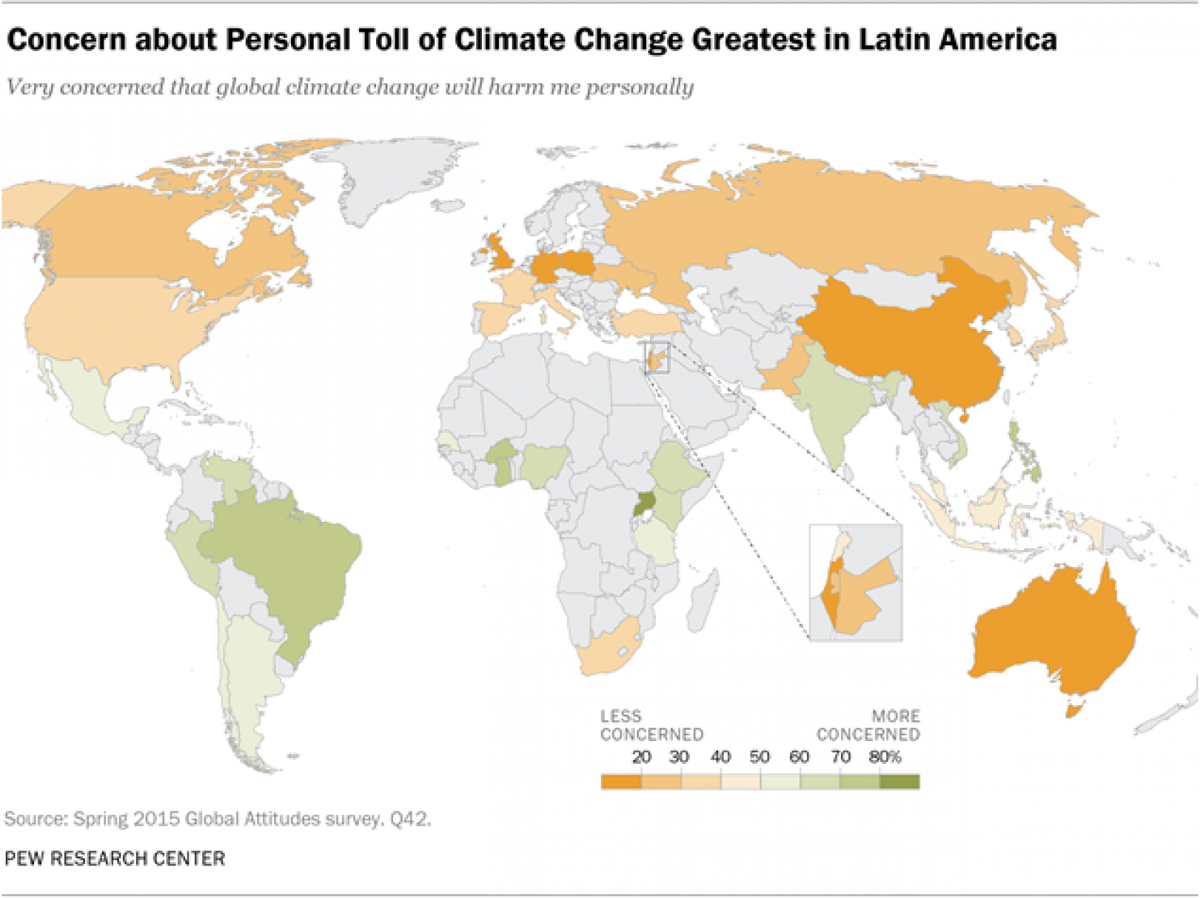Map of personal concern about climate change by country
-
Source: Spring 2015 Global Attitudes survey