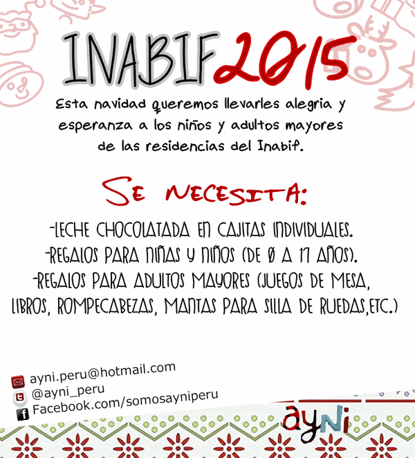 AYNI_Peru's tweet photo. Campaña navideña INABIF 2015, juntos vamos a lograr muchas sonrisas en niños y adultos mayores. RT https://t.co/ACIk3LHYpM