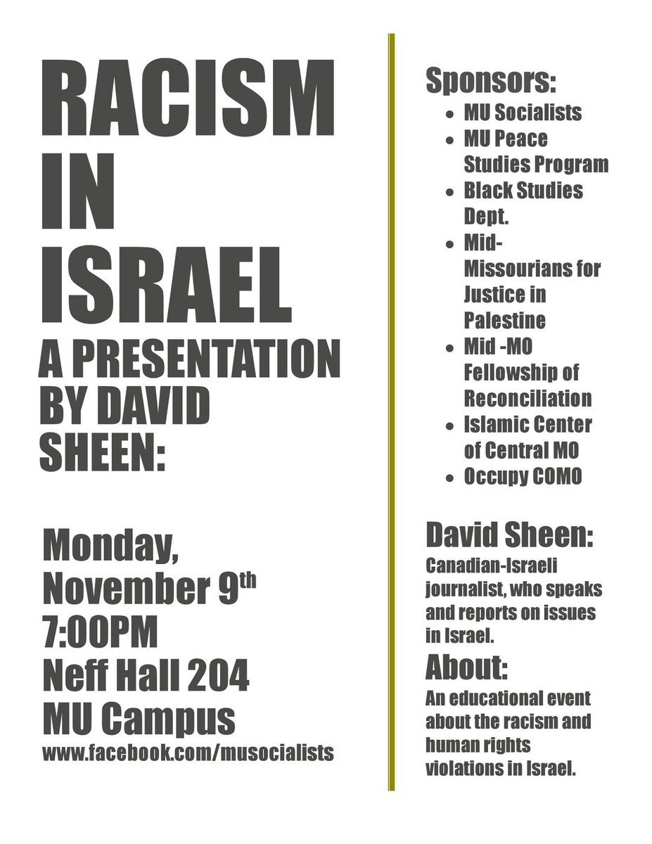 Come to our event tomorrow night to learn more about connections between racism in Israel &amp; racism on campus <a href="/Mizzou/">Mizzou</a>