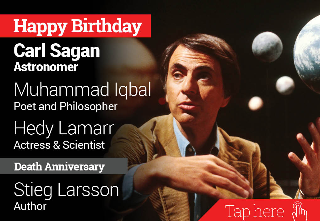 IndiaToday: newsflicks: Homage Stieg Larrson. Happy Birthday Carl Sagan, Muhammad Iqbal, Hedy Lamarr 