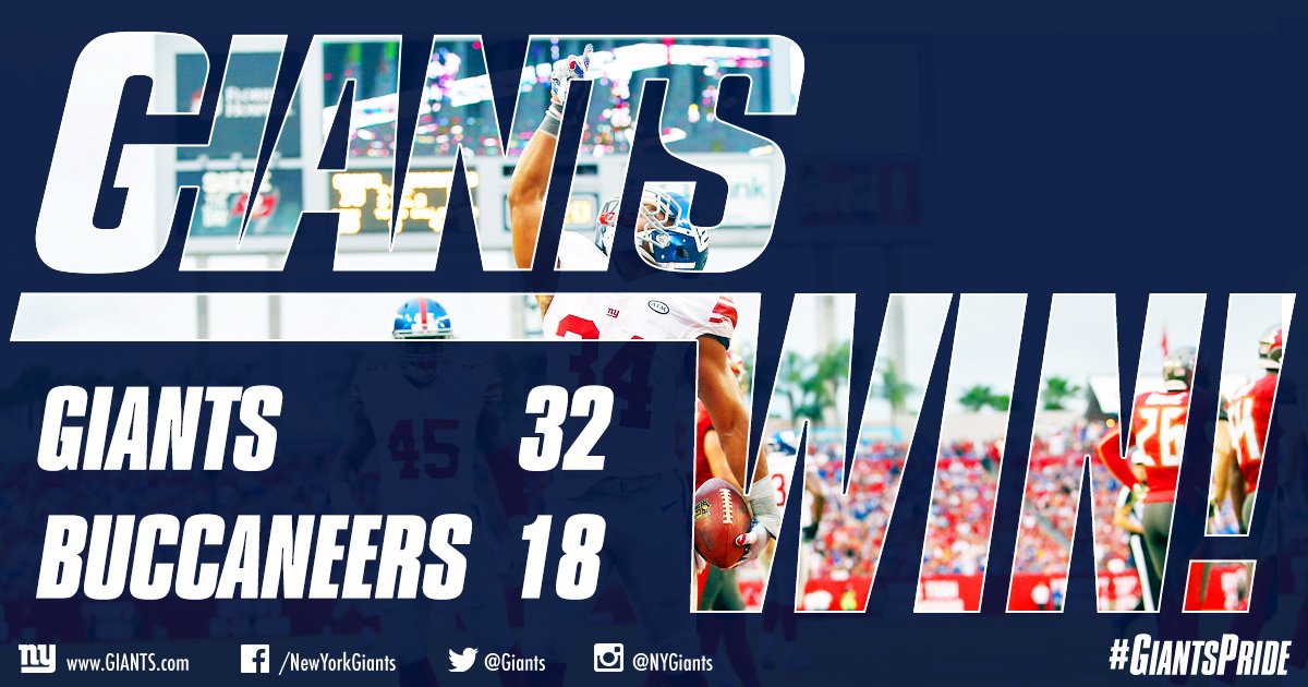 Giants's tweet photo. That's a 32-18 road win for the first place NEW YORK GIANTS! Watch highlights HERE: https://t.co/NnQiboA5j0 https://t.co/XsyAeaHp9u