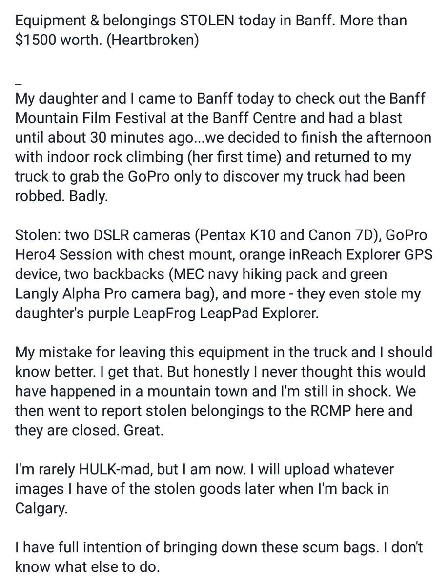 daxjustin's tweet photo. All of my equipment &amp; belongings were stolen at the @BanffMtnFest at @thebanffcentre today. Please RT #yyc #alberta https://t.co/ZaiLi4SX5H