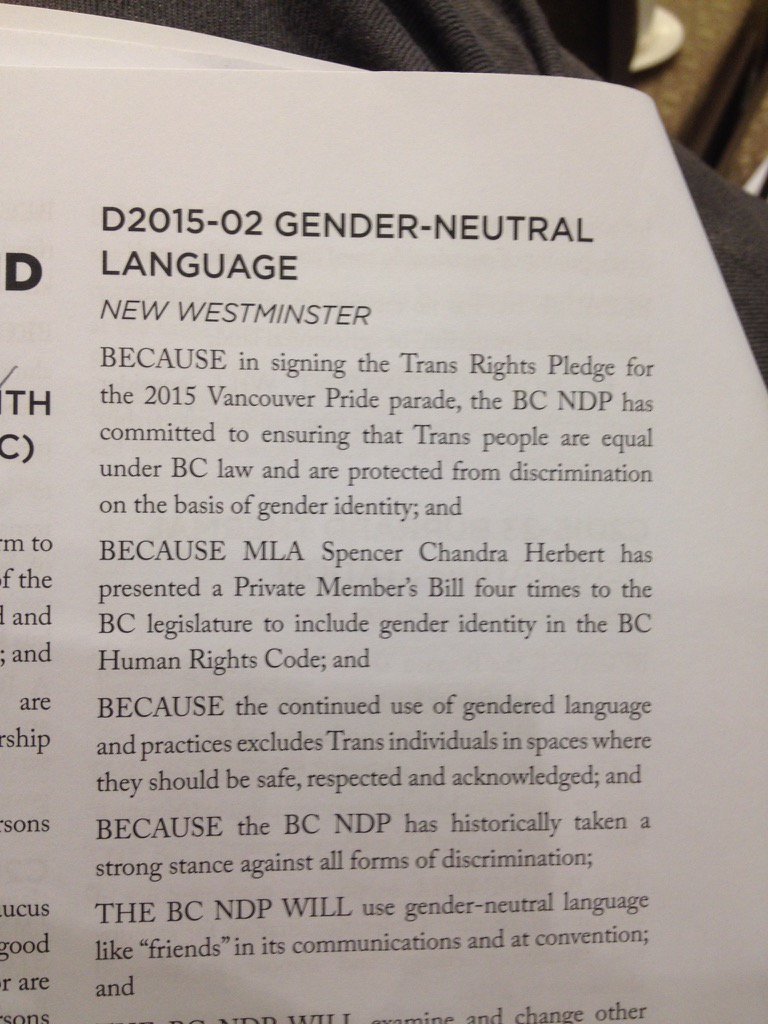 _jarviscast's tweet photo. Gender Neutral Language resolution to #BCNDP2015 Passes unanimously #bcpoli #cdnpoli #bclab #canlab @sageaaron : ) https://t.co/27sNVRKbcs