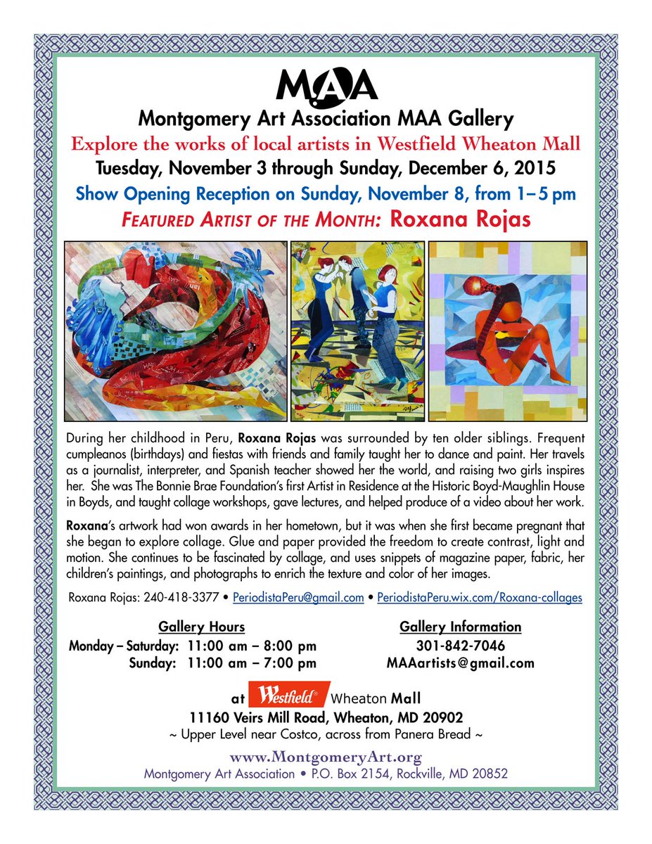 MontArtAssoc's tweet photo. RT Please: #Gallery features Roxana Rojas #art at @MontArtAssoc in @WestfieldWHE, through Dec. 6. https://t.co/F6bomlZZID