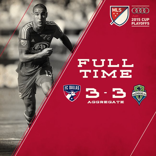 END OF EXTRA TIME: <a href="/FCDallas/">FC Dallas</a> 3, <a href="/SoundersFC/">Seattle Sounders FC</a> 3 on aggregate. We're headed to PKs in Frisco. #FCDvSEA