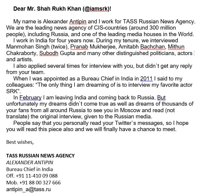 Letter to <a href="/iamsrk/">Shah Rukh Khan</a> from Russian media #Russia #Bollywood #SRK #ShahRukhKhan #cinema #India