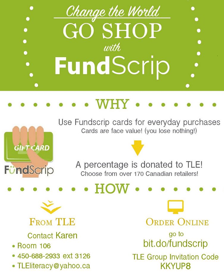 TLEliteracy's tweet photo. Be a TLE Fundscrip supporter! #TLELaval https://t.co/s6ueWv1WQ0