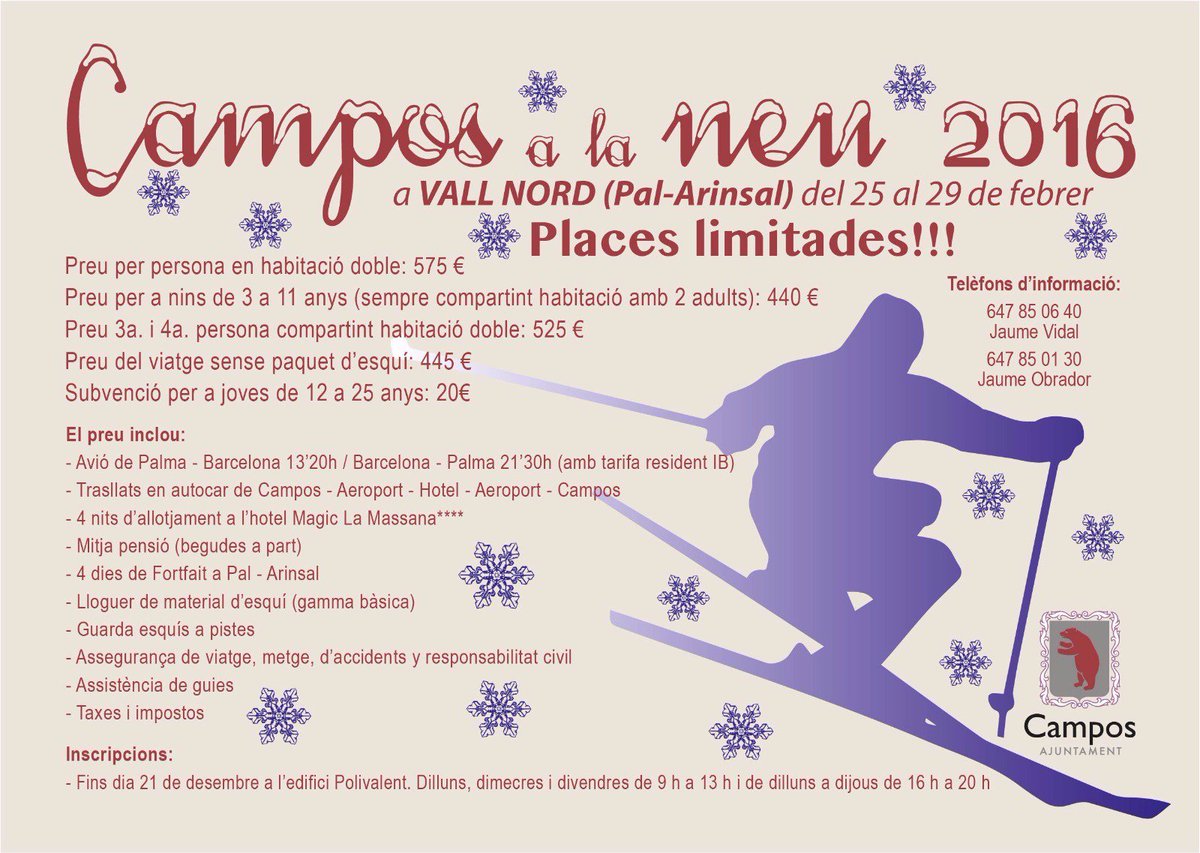 Campos a la NEU 2016 a VALL NORD! (25-29 febrer). Inscrip fins dia 21 de desembre. Cartell a ajcampos.org