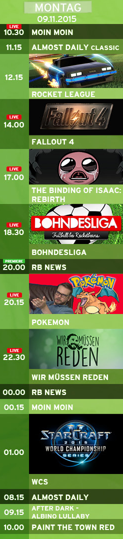 TeleBeans's tweet photo. Der Tagesplan für den 9.11. #rbtv Heute Pokemon mit @EtienneToGo um 20.15 https://t.co/omFnxfiQkR