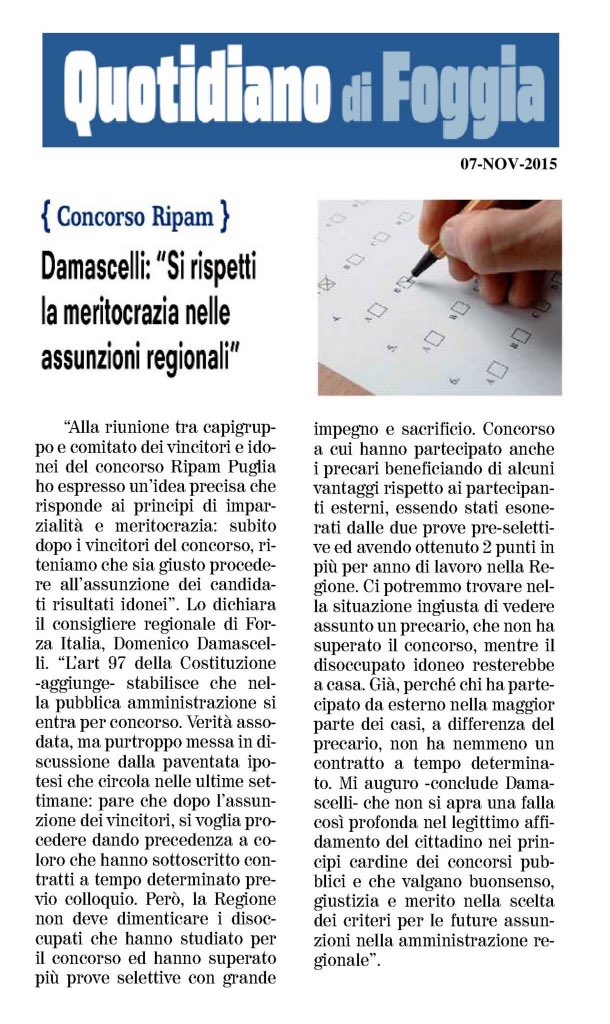 DamascelliD's tweet photo. Si rispetti la #Meritocrazia nelle assunzioni alla Regione #Puglia. #RipamPuglia @Vin_Idon_RipamP https://t.co/L5UPZ9uAlr